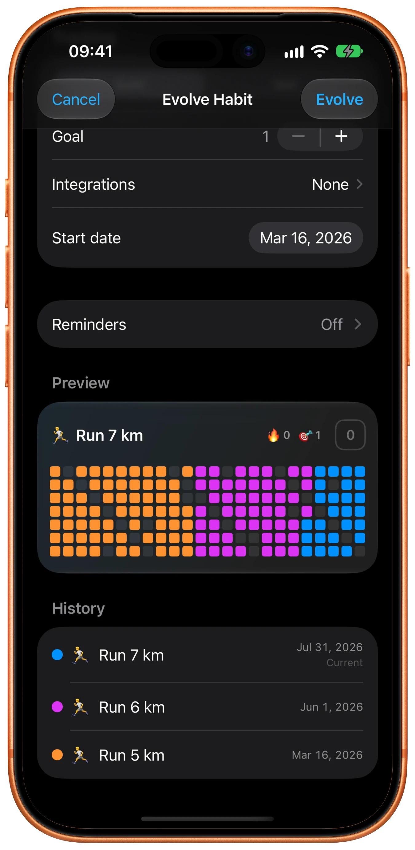 habit evolution history for a running goal
