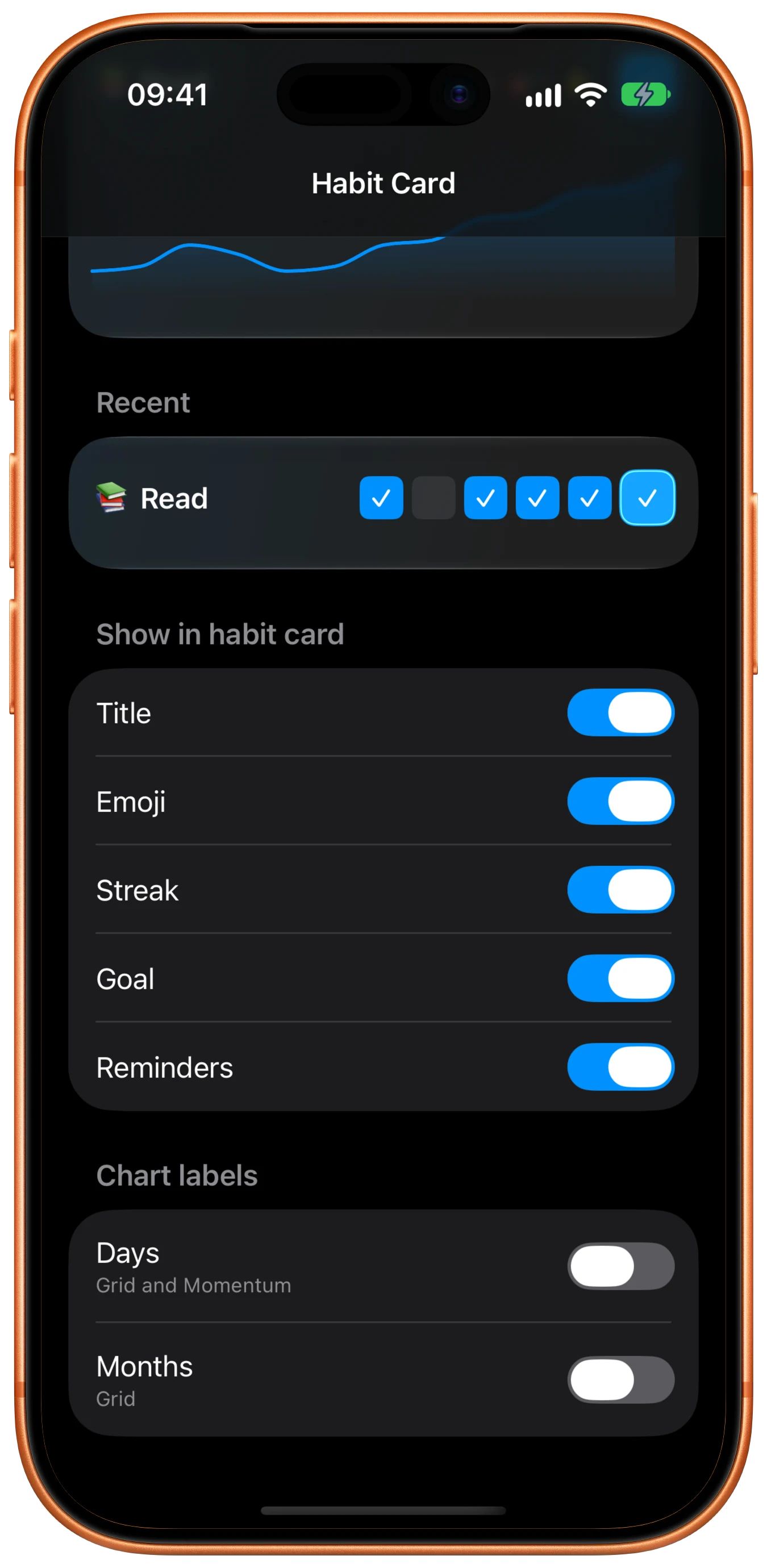 habit card appearance controls with a grid preview