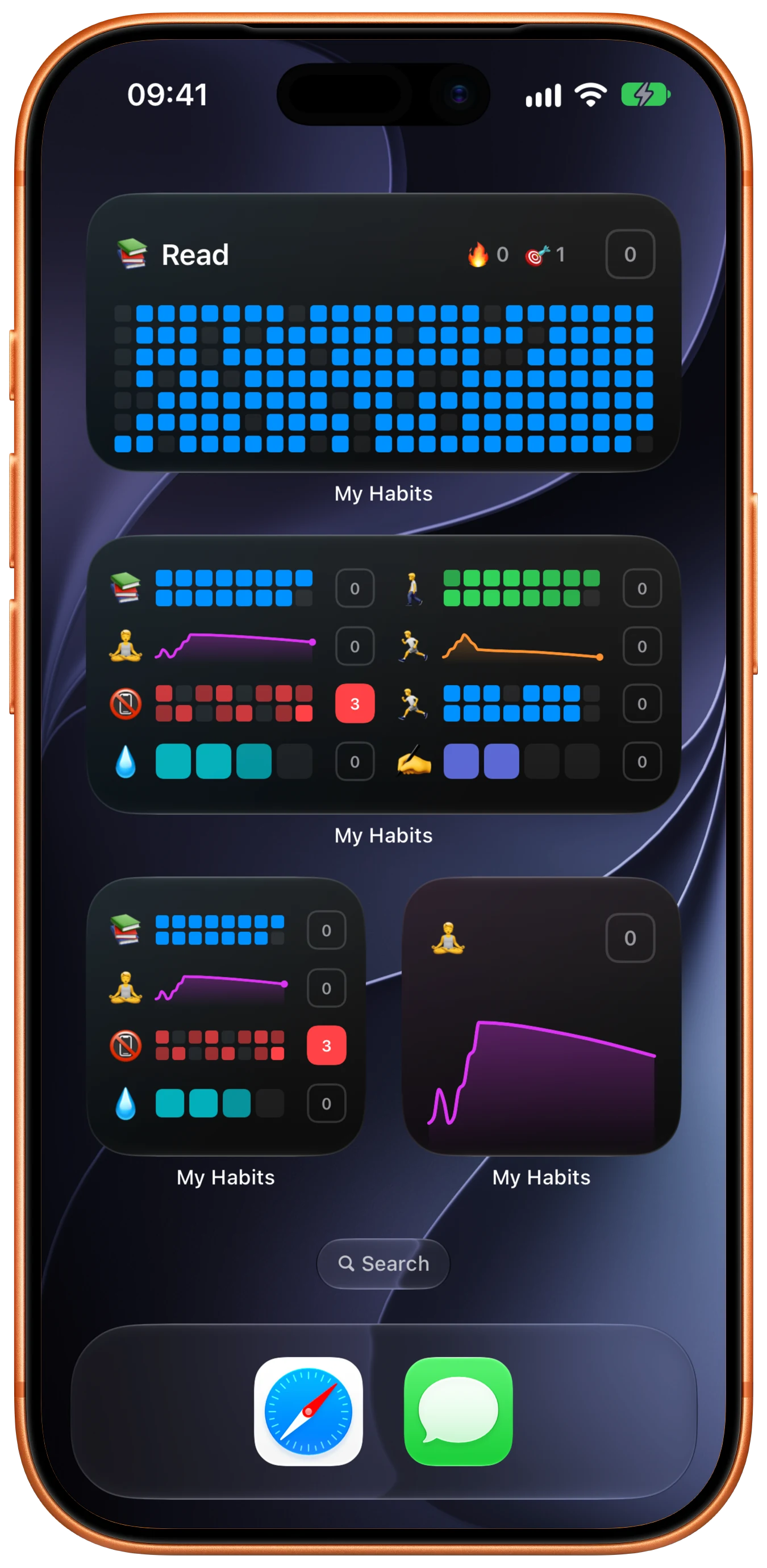 My Habits small and medium habit widgets on an iPhone Home Screen